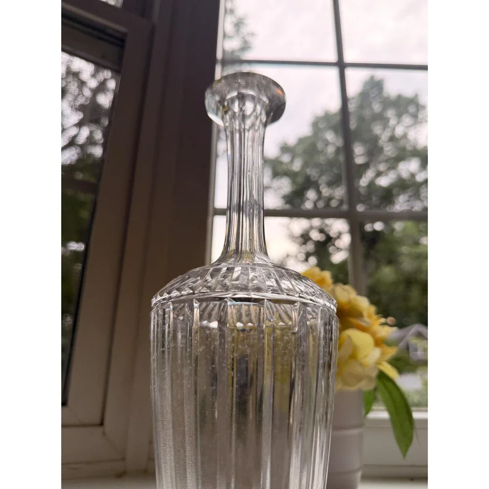 Vintage Crystal Decanter with Faceted Stopper, Pressed Glass Liquor Decanter, Ba